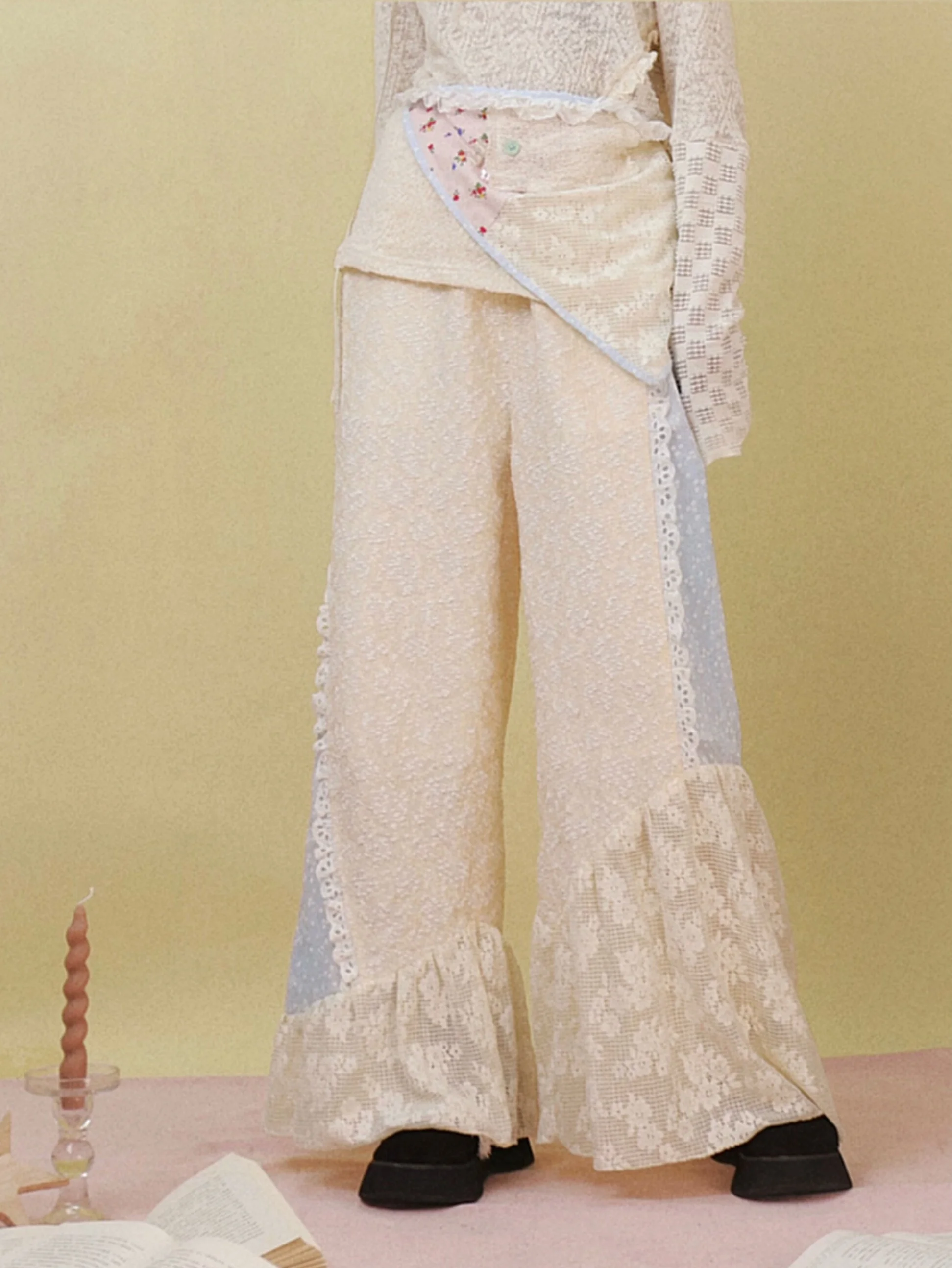 Spring and Summer Versatile Design Sense Niche Casual Pants Lace Splicing Wide-leg Pants Flared Pants