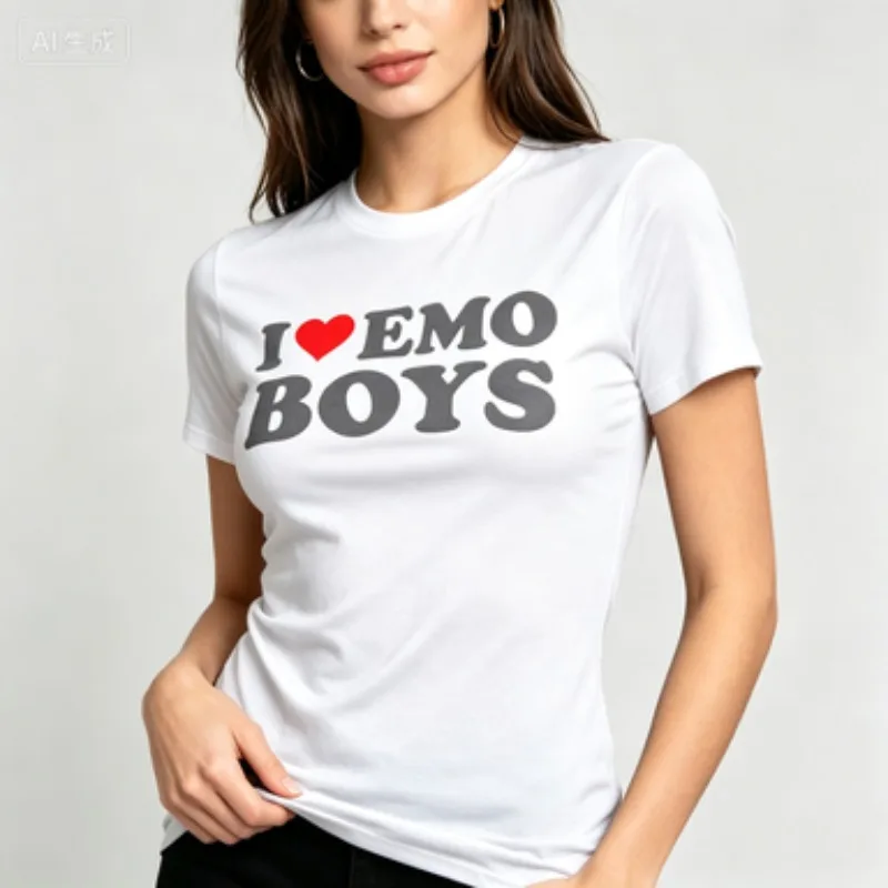 Women Cotton Crew Neck T-Shirt I Love Emo Boys Heart Graphic Print Retro Bold Letter Casual Summer Short Sleeve Tops