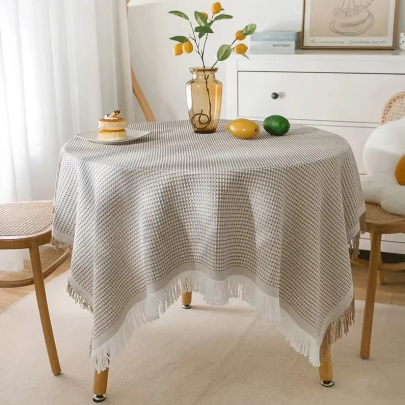 Round Table Tablecloth  with Tassel Knitted Fabric Dining Table Cloth Tea Cover Cloth Bedside  Desk Cloth Decoration
