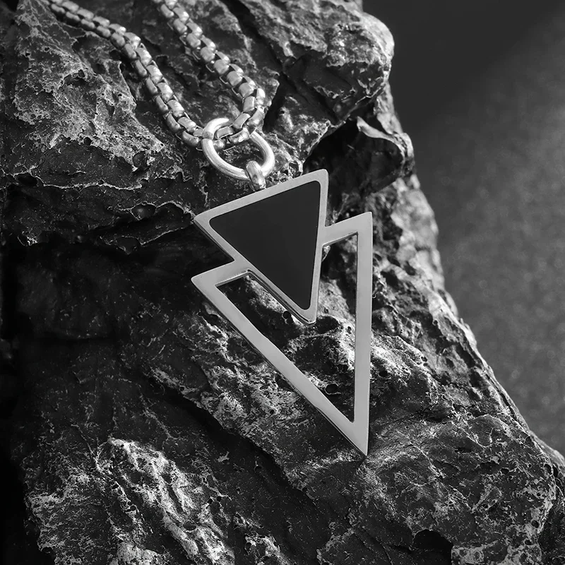 Stainless Steel Double Inverted Triangle Pendant Snake Bone Chain Necklace Men's Trendy Geometric Personality Jewelry