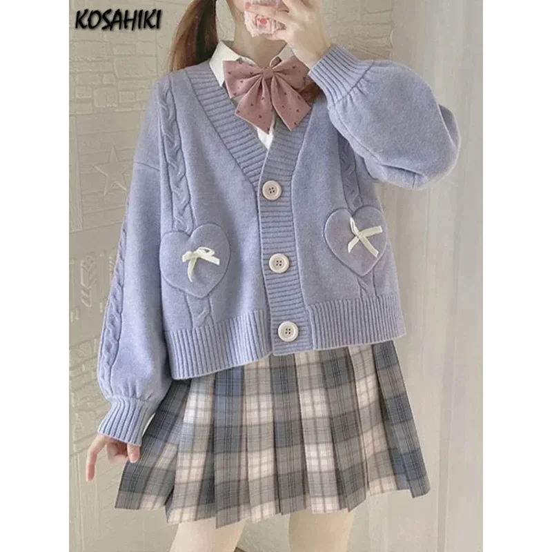 KOSAHIKI Japanese Kawaii Knitted Cardigan Women Heart Bow Pockets Cute Sweater Coat JK Girl Sweet Loose V-neck Kardigan Damski