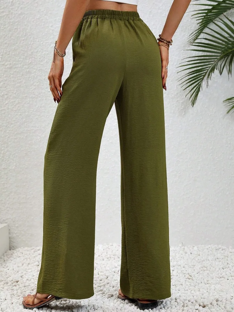 Women's Casual Lace Up Thigh Pants 2025 Spring Summer New Solid Color Floor Sweeping Wide Leg Trousers Pocket Long Khaki Pant