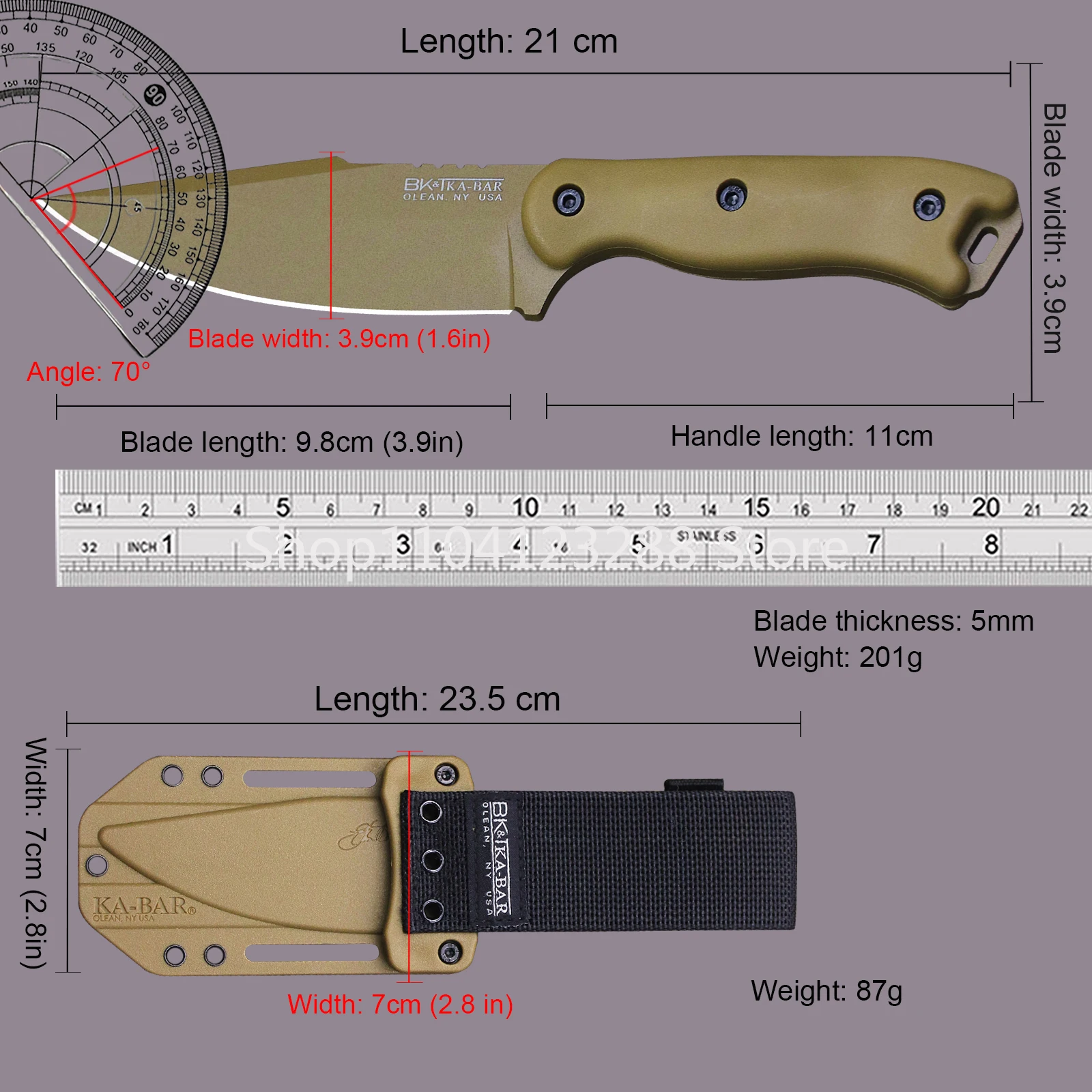 KA-BAR All Don D2 Steel Outdoor Hunting Straight Knife, Nylon Fiberglass Handle Jungle Survival Knife, Camping Tactics EDC Tool