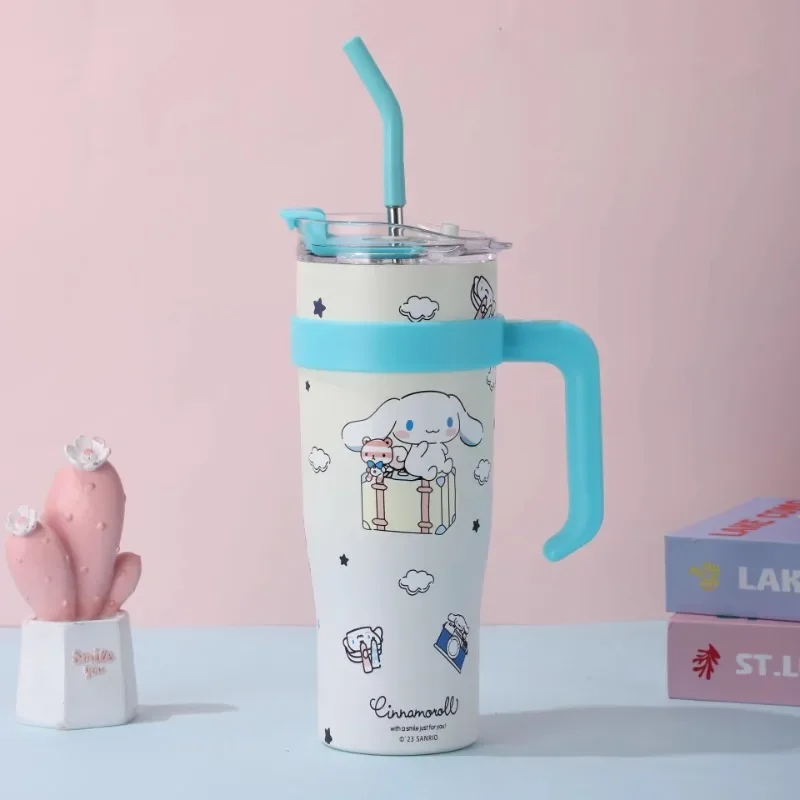 MNISO 1200ml Sanrio Thermos BottleCold Lce Cute Hello Kitty Kuromi CinnamorollMelody Stainless Steel Water Bottle Straw 2024