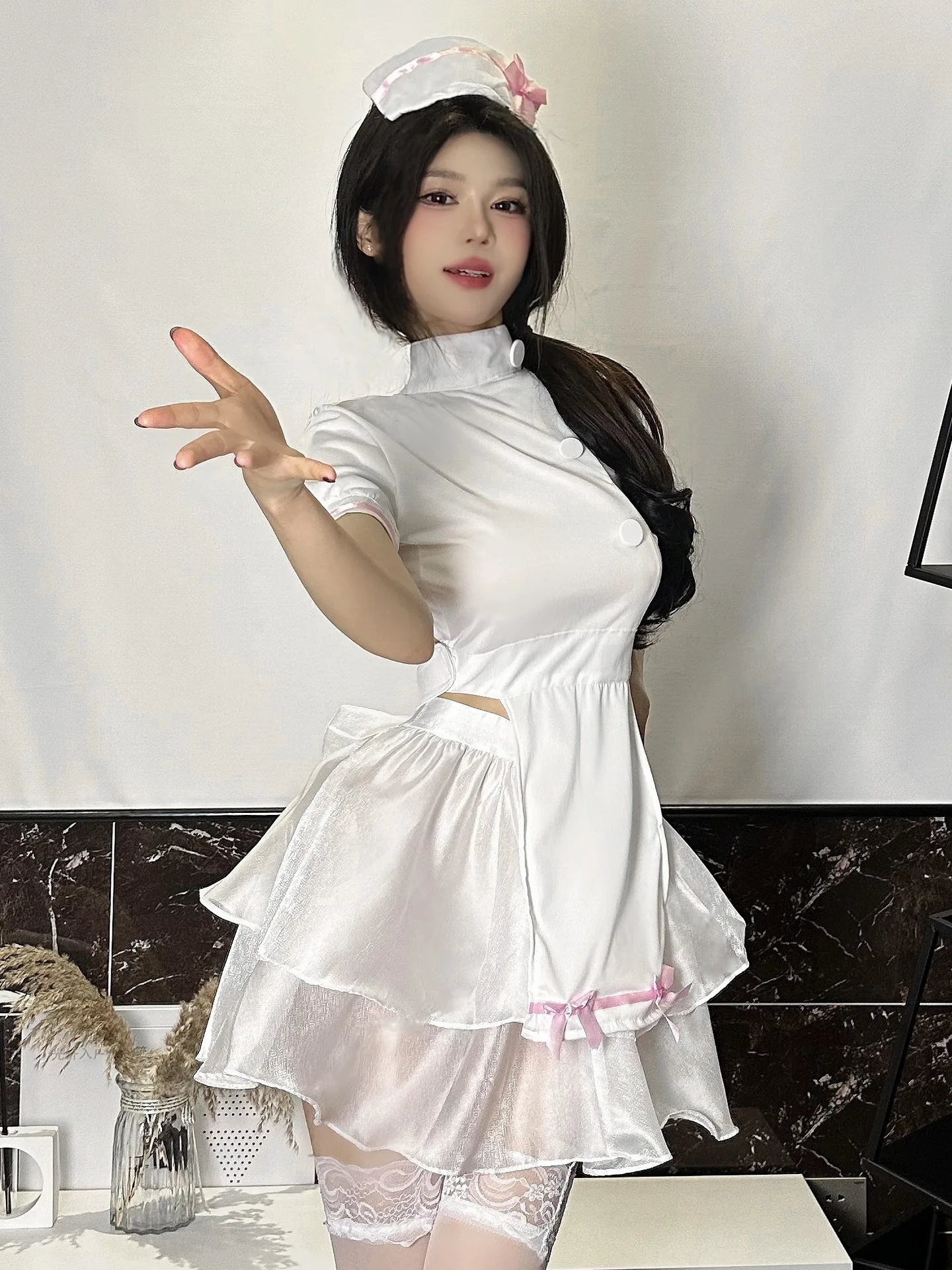 Attendant Sexy Flight Nurse Uniform Choker Short Sleeves Hollow Out Layered Dresses White Lace Splicing Temperament Dress HLU1