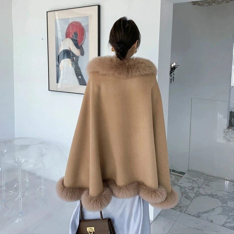 Lady Custom Merino Cashmere Wool Shawl Cape Poncho with Real Fox Fur Collar Winter Handmade Wholesale 100% Women Wool Poncho