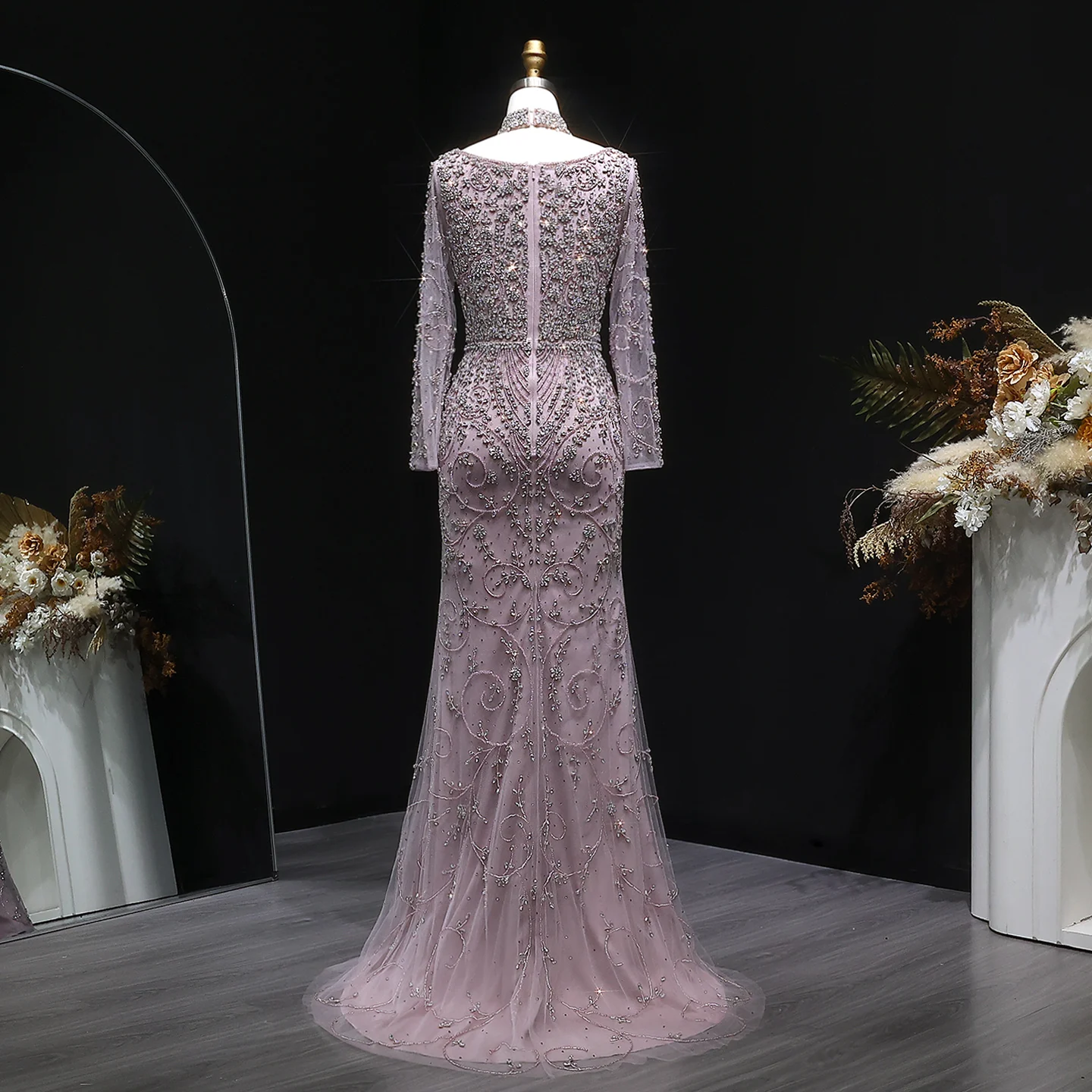 Sharon Said Luxuriöses Arabisches Dubai Rosa Meerjungfrauenkleid mit Langen Ärmeln, Perlenbesetztes Formelles Abendkleid für Hochzeit, Party, Ball, SS181 Maßanfertigung – Detail 7