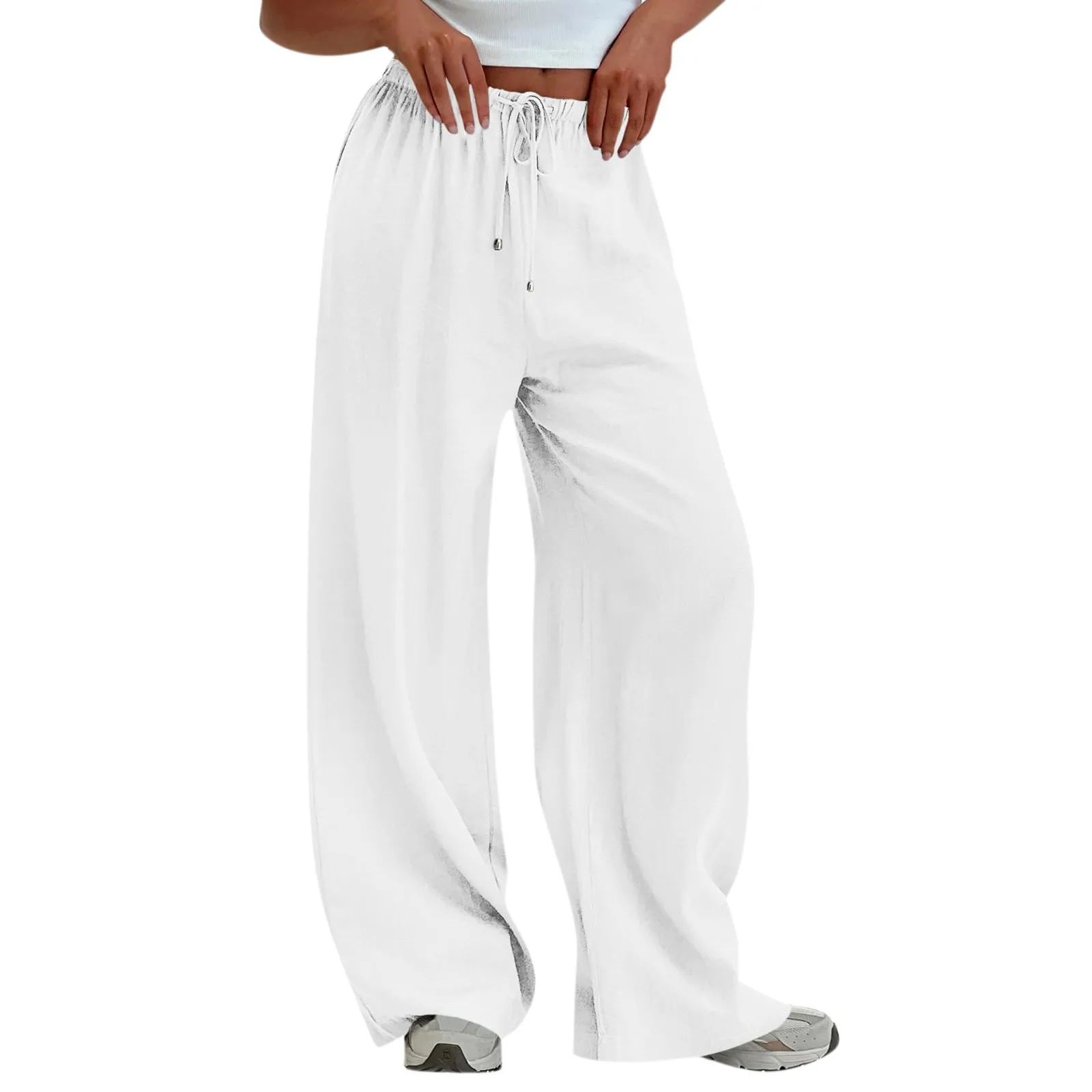 Женские трендовые свободные прямые брюки, однотонные длинные брюки с поясом на резинке и карманами