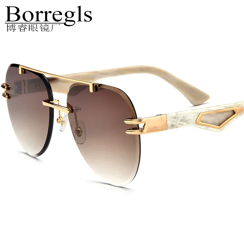 Borregls الجاموس القرن النظارات الشمسية الرجال 2025 جديد فاخر العلامة التجارية تصميم بدون شفة نظارات شمسية كبيرة الحجم النايلون عدسة هواة نظارات 0039