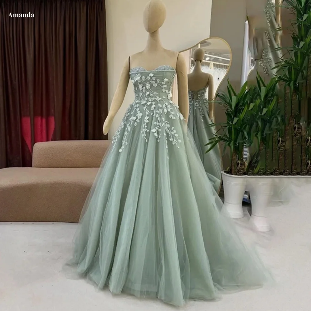 

Amanda индивидуальное светло-мятное вечернее платье без бретелек с 3D цветочной аппликацией из тюля длиной до пола, платье для выпускного вечера, платья de noche