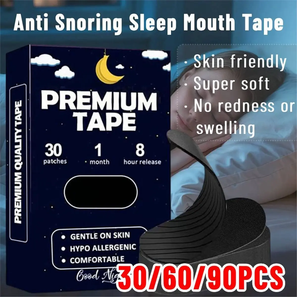 Mouth Tape for Sleeping 60 Pack - Gentle Comfortable Premium Tape Hypoallergenic, Latex Free & Skin Friendly Sleep Tape