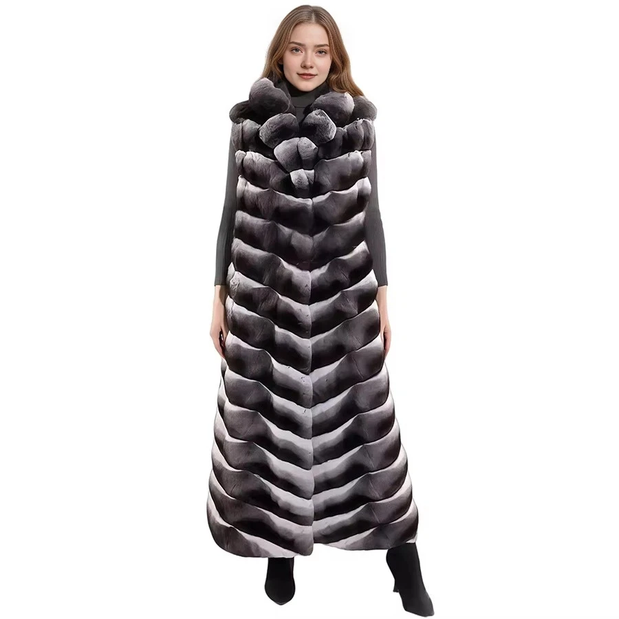 

Natrual Rex Rabbit Fur Vest With Collar High Qualiy Chinchilla Rabbit Fur Vest Long Rabbit Fur Vest