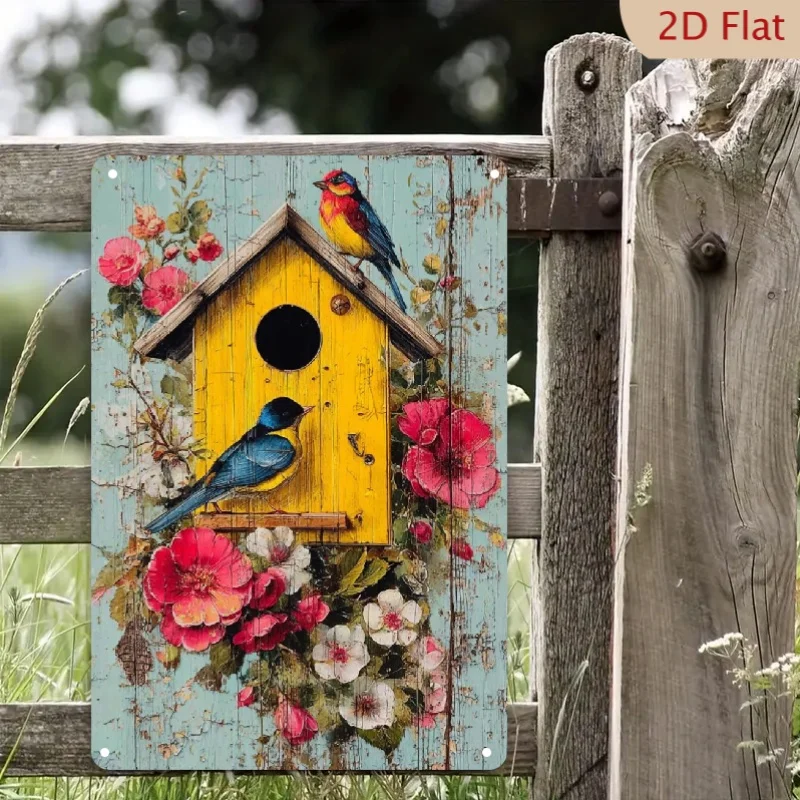 Panneau métallique vintage 2D plat « Birdhouse Bliss », 8x12 pouces, décoration murale rustique avec oiseaux et fleurs colorés, pour la maison, le café, le bar, les mariages