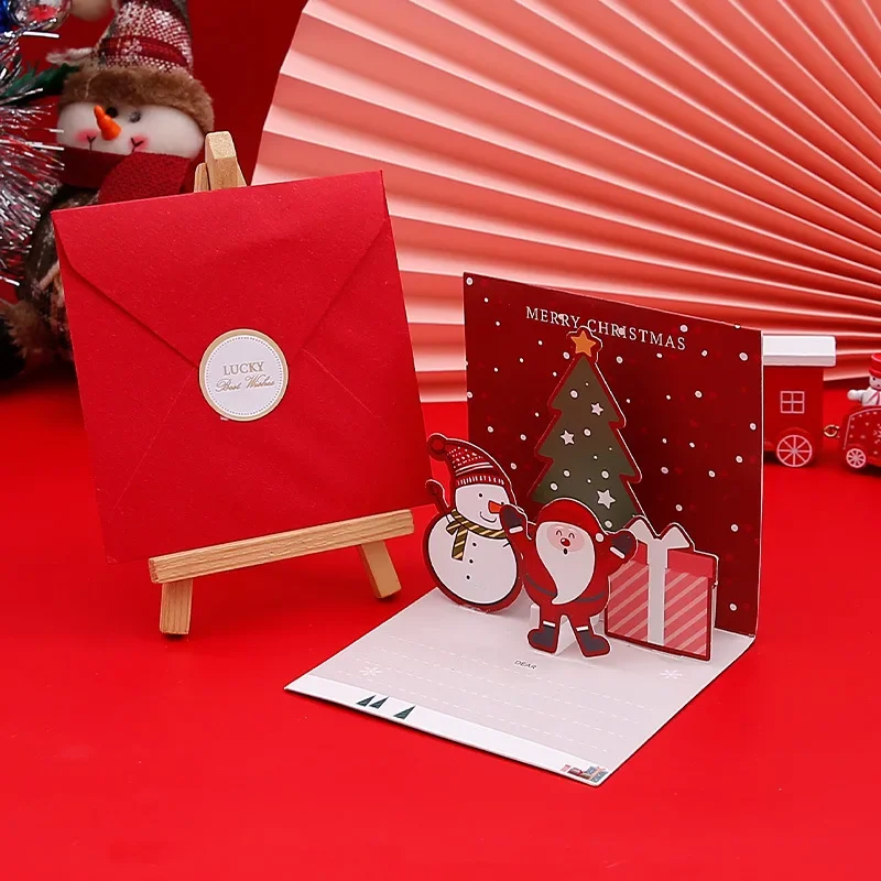 Merry Christmas Cards 3D Pop-up Greeting Cards with Envelope Santa Claus Snowman Laser Cut Xmas Happy New Year Greeting Cards