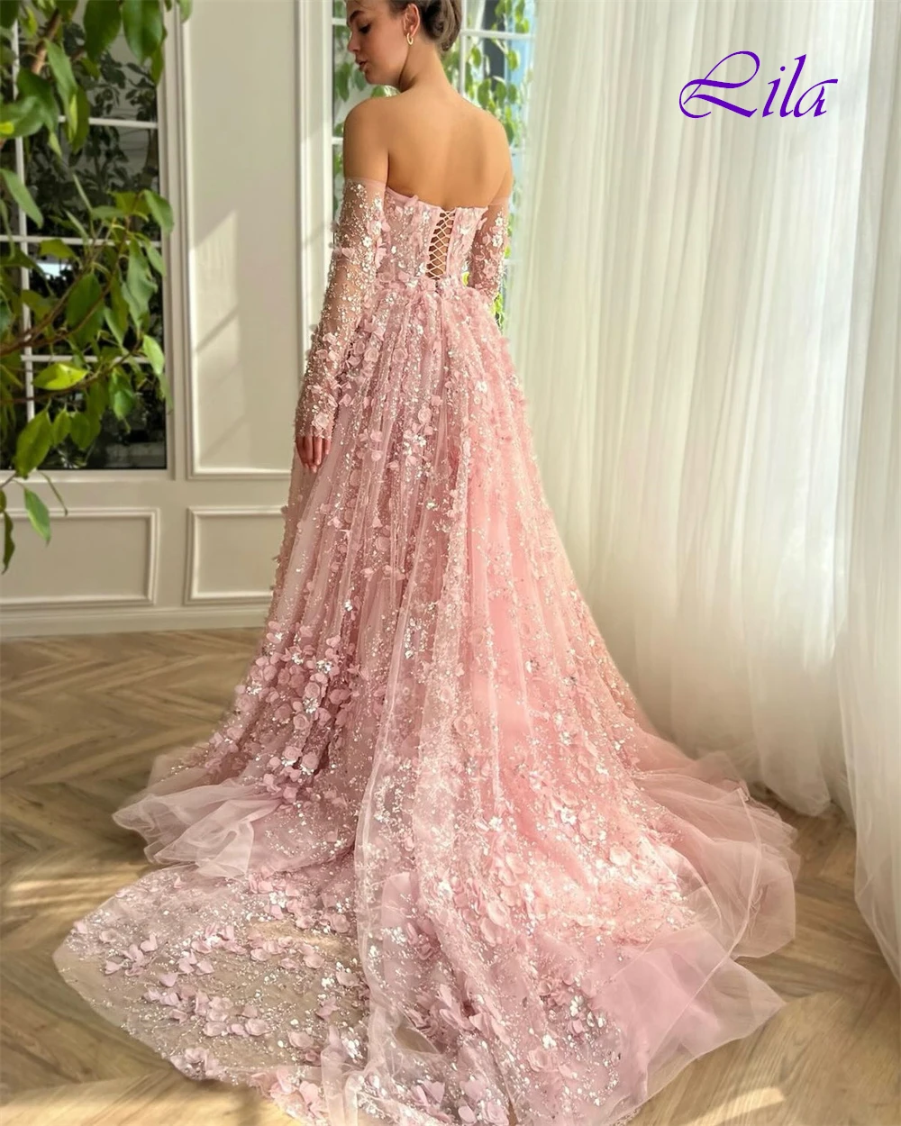 

Customized Elegant Pink Organza Evening Dress Classic Boat Neck Long Sleeves Party Dress Fashion Crystal Appliques Prom Dresses