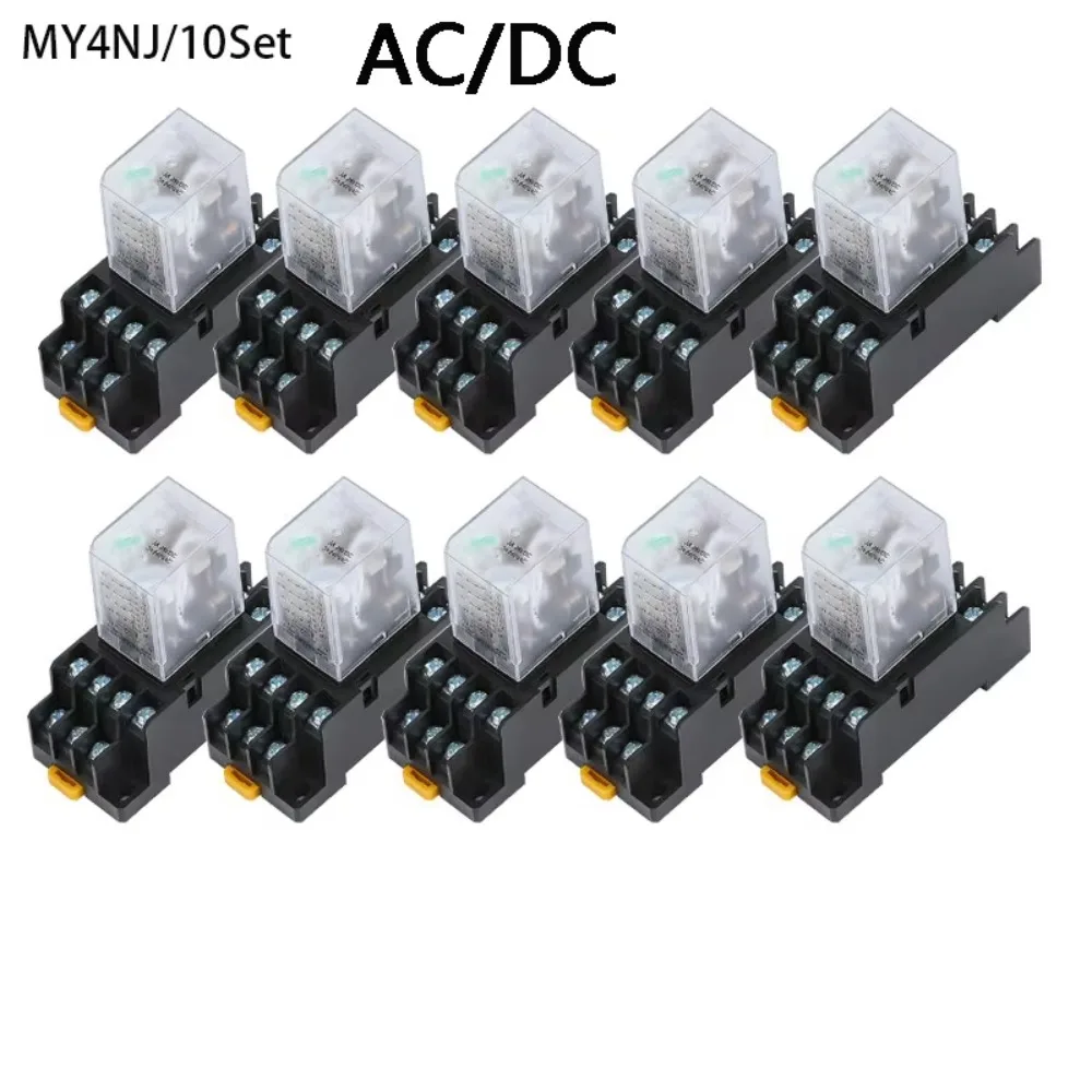 

10 juegos MY4NJ HH54PL AC/DC 12/24/36V/48V/110/220V/380V bobina 4NO 4NC indicador LED ver relé potencia carril DIN Base 14 pin