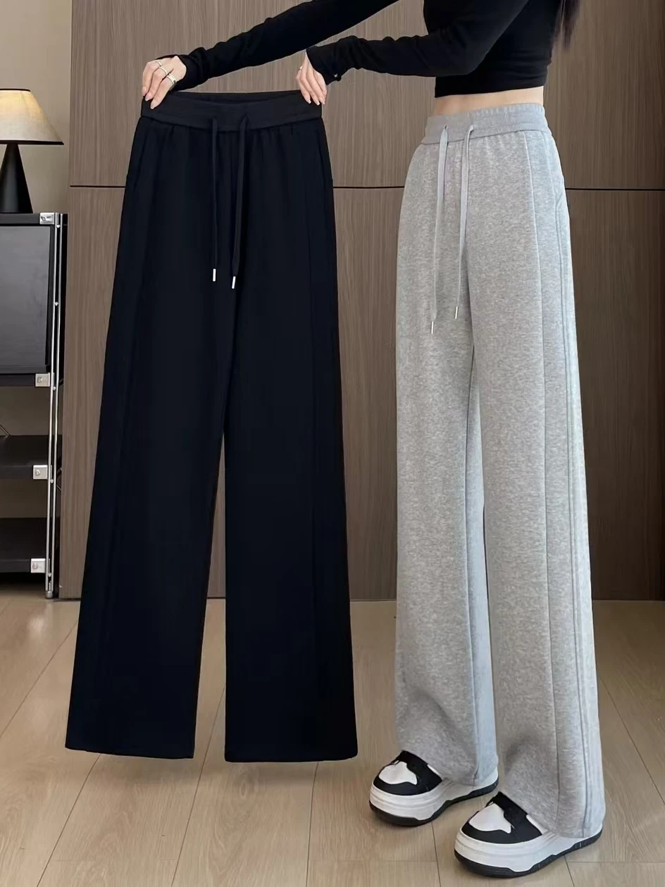 Grey High Waist Wide Leg Sport Pants Women's Slim Straight Cut Casual Trousers Korean Style Simple Pure Color City Walk