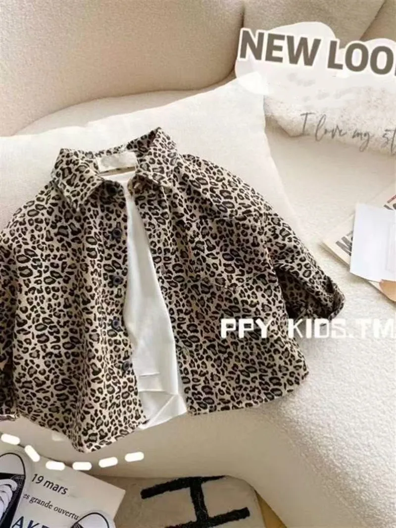 

Boys Leopard Print Jacket Korean Shirt Boys Spring and Autumn Children Denim Fashion Casual Top 2025 New Autumn Clothes 1-6 Year