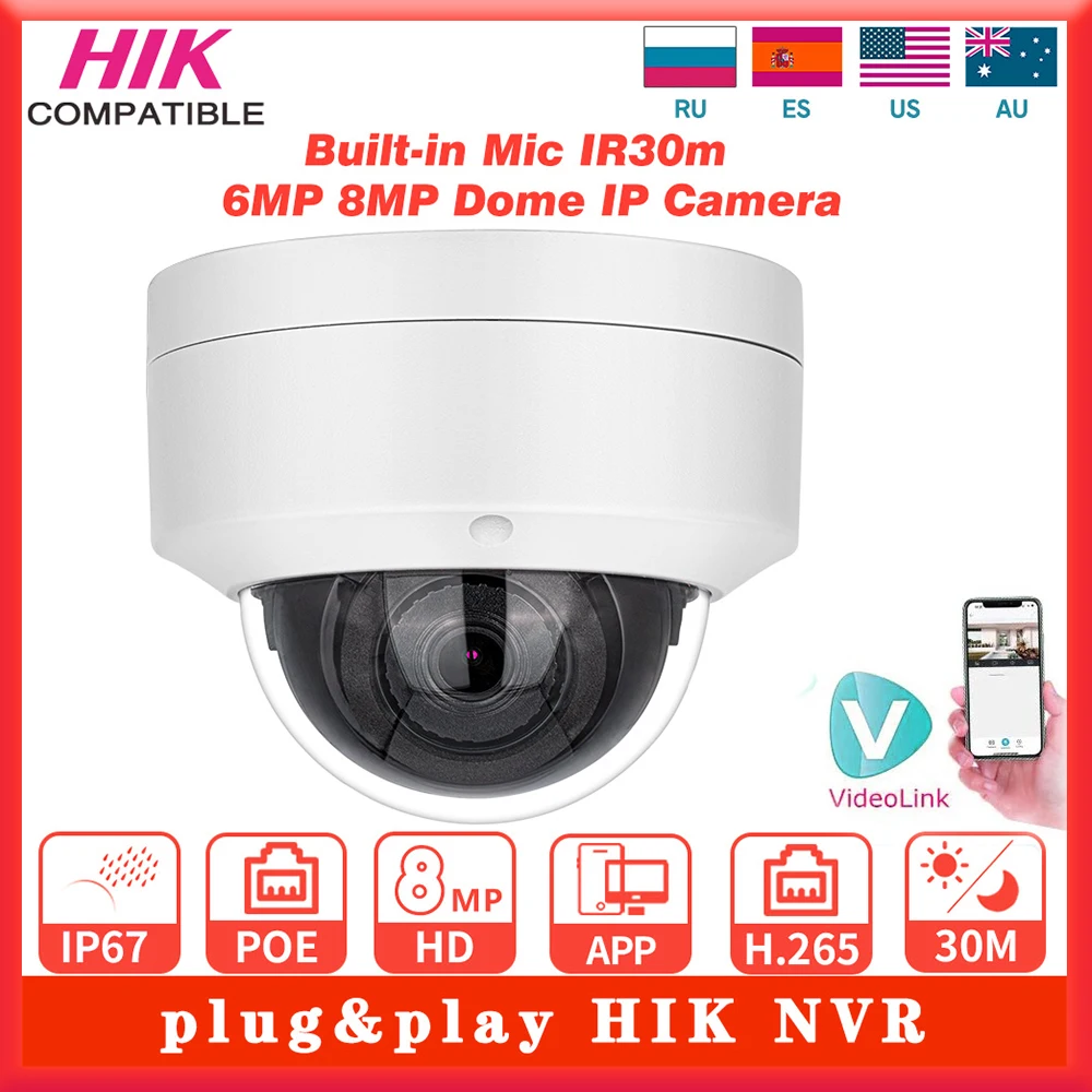 6MP 8MP Dome IP Camera Built-in Mic IR30m Human Vehicle Detection Plug&play with HIK NVR APP Remote Hikvision Compatible Serice