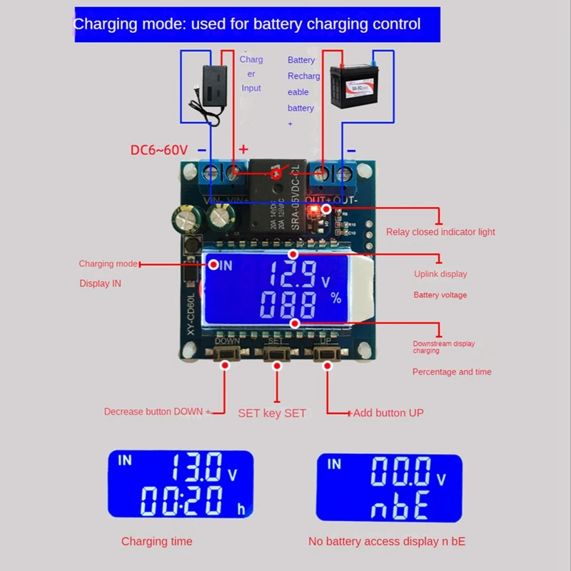 XY-CD60L Battery Charge Discharge Controller Full Power-Off Dc Voltage Protection Under-Voltage Power-Off Protection Module