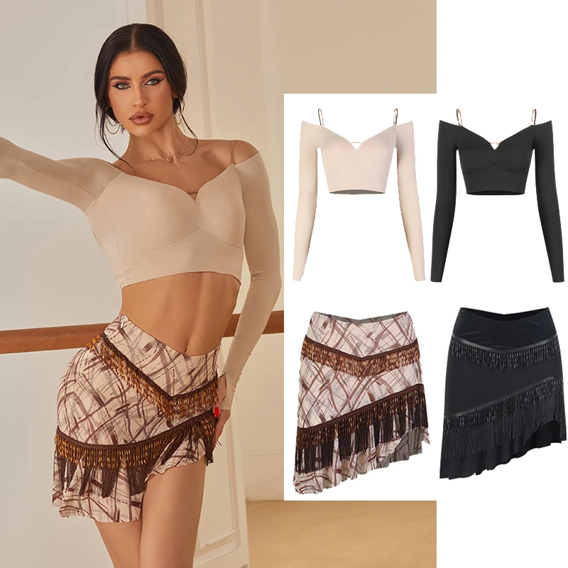 

Zym Одежда для латинских танцев, женские черные топы с длинными рукавами, юбка с кисточками для взрослых, тренировочная одежда для латинских танцев, одежда для самбы, DNV25945