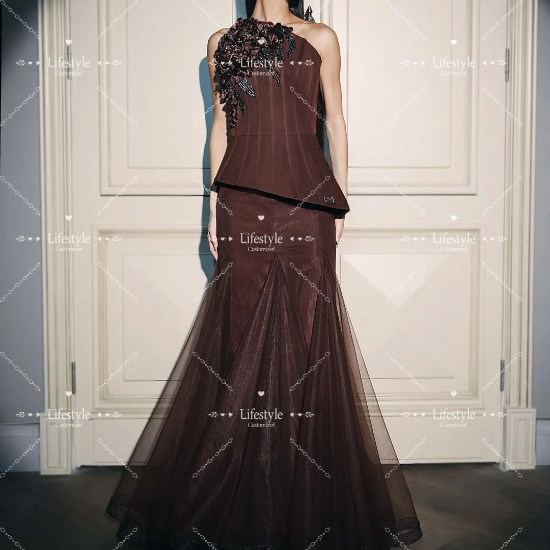 

Customized One-Shoulder Evening Dresses with Beadings Flowers Mermaid Party Gown Sleeveless Brown Wedding Prom Dress