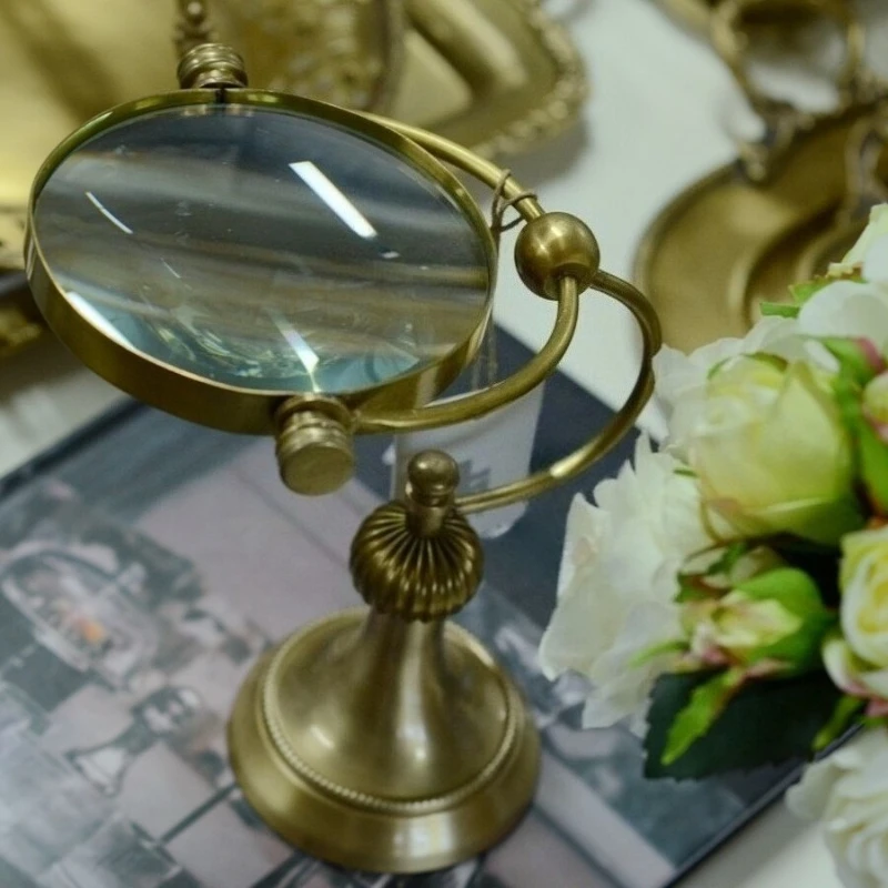 Brass Light Luxury Study Decoration Metal Desktop Ornament Bracket Magnifying Glass Retro Desktop 10x Mirror