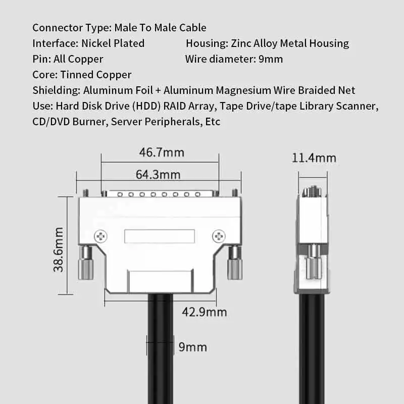 Industrial SCSI 68Pin Connection Cable 9MM PVC SCSI HPDB68 pin to VHDCI68 Programming Data Cord Copper Core Double Shielded Line