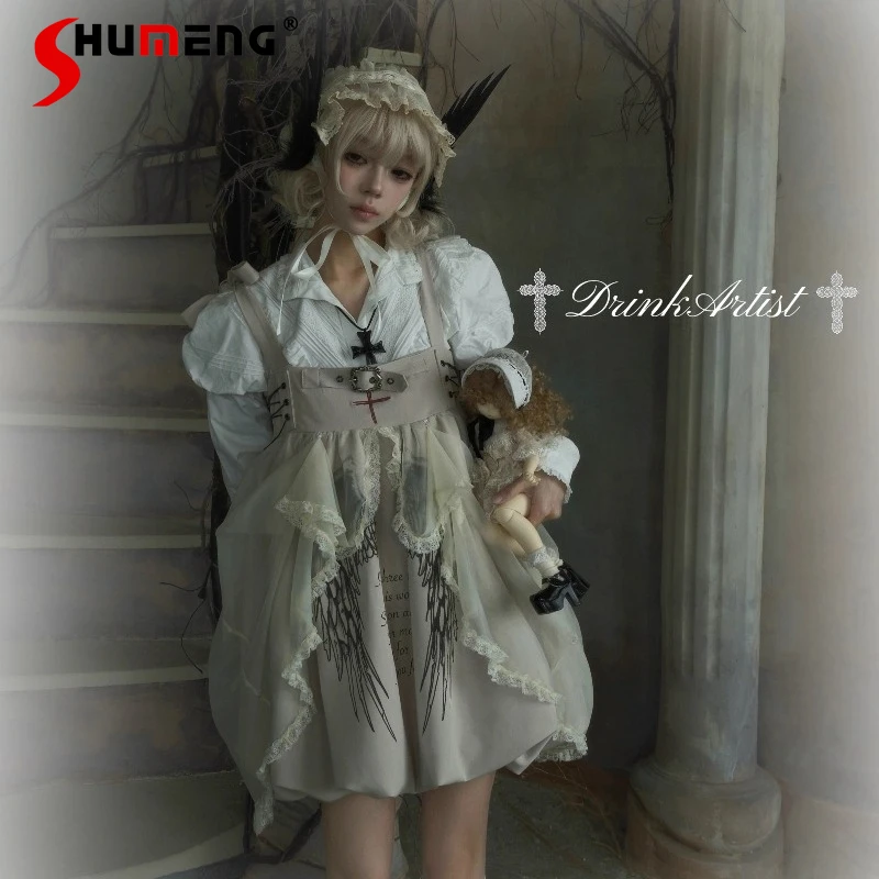 

Original Subculture Japanese Y2K Strap Dress Autumn New 2025 Girls Sweet Cool Lace Letter Print Short Flower Bud Dress for Women