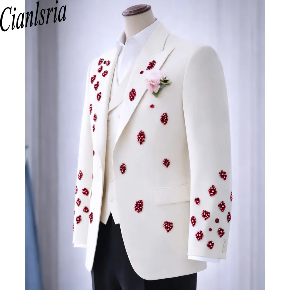 Latest Coat Pants Design White Paisley Beaded Lapel Men's Suit Wedding Tuxedo Groom Business Party Dance Best Man Suit Clothing