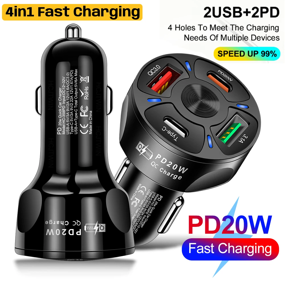 

USB Car Charger Fast Charging 3/4 Ports USB Type C Fast Charger PD QC3.0 Car Phone Charger Adapter For Xiaomi Iphone Samsung