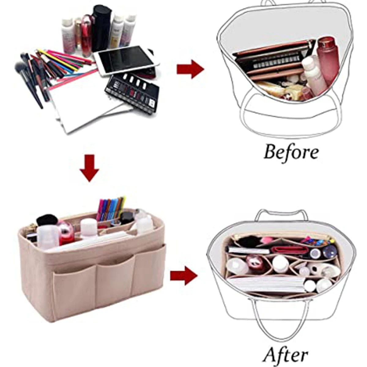 Makeup Organizer Bag Felt Cloth Cosmetic Insert Organizer Multi-Pockets Cosmetic Bags Large Capacity Detachable Handbag Insert