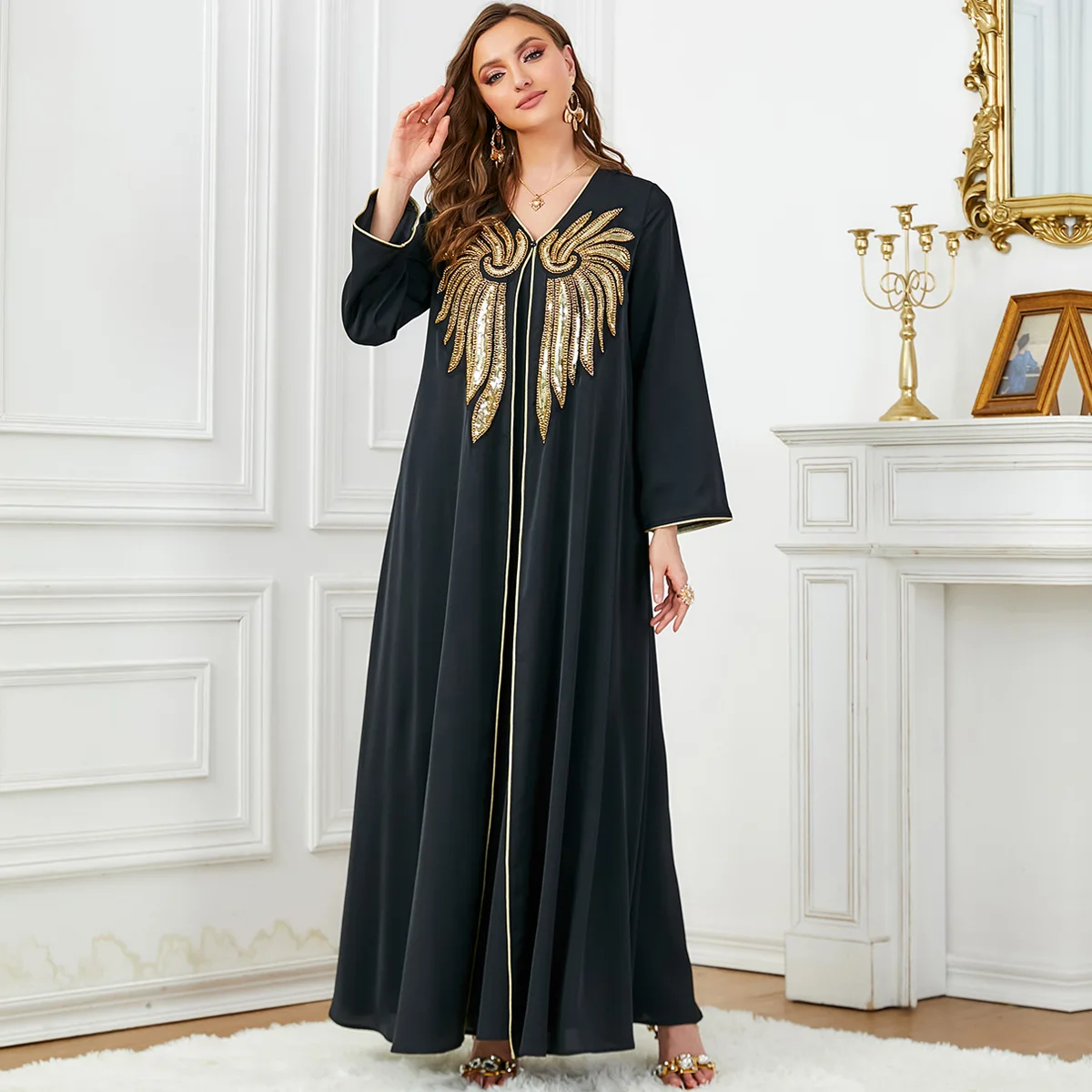 Imagem -02 - Vestido Islã de Duas Peças com Lantejoulas Douradas para Mulheres Decalque com Contas Ramadã Oriente Médio Marrocos Turquia Muçulmanos Moda de Luxo Dubai Árabe Novo