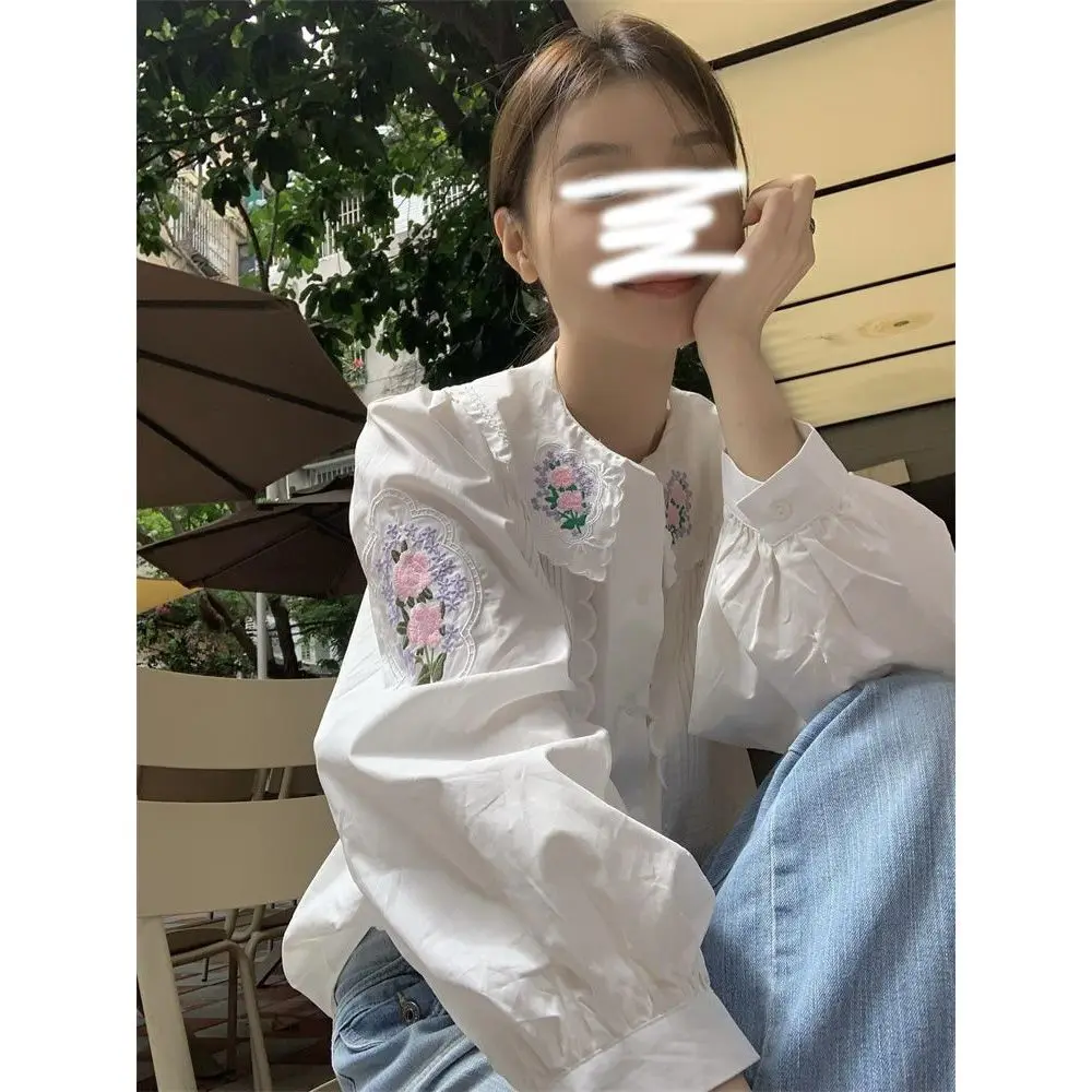 

2024 Women Autumn Fashion Floral Embroidery Casual Shirt Female Long Sleeve Loose Shirts Ladies Single-breasted Blouses J265