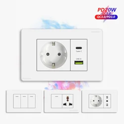 EU Korea Standard 4*2 Wall Light Switch Socket,USB Type-c 20W Fast Charger plug,1/2/3/4/Gang 2 Way Switch PC Panel Power ON OFF