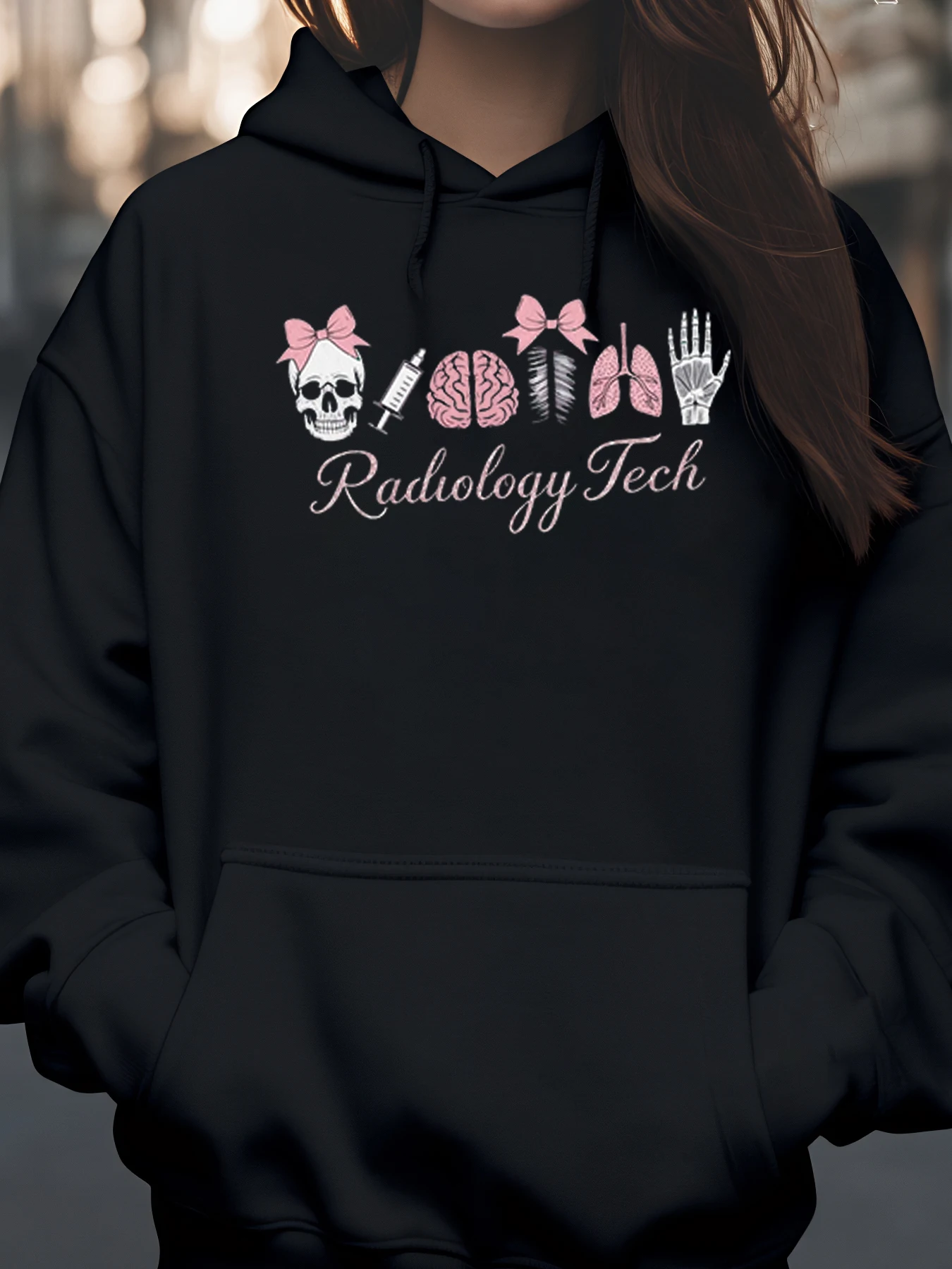 

Skull Brain Lungs Hand Print Radiology Tech Hoodie Halloween Medical Professional Gift for Women