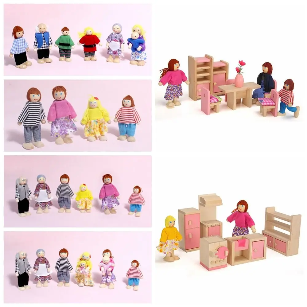 Holz Menschen Puppen Familie Mehrfarbige Gelenk Mobilität Spielzeug Figur Set Kinder Geschenk Foto Requisiten Holz Puppe Puppenhaus – Detail 1