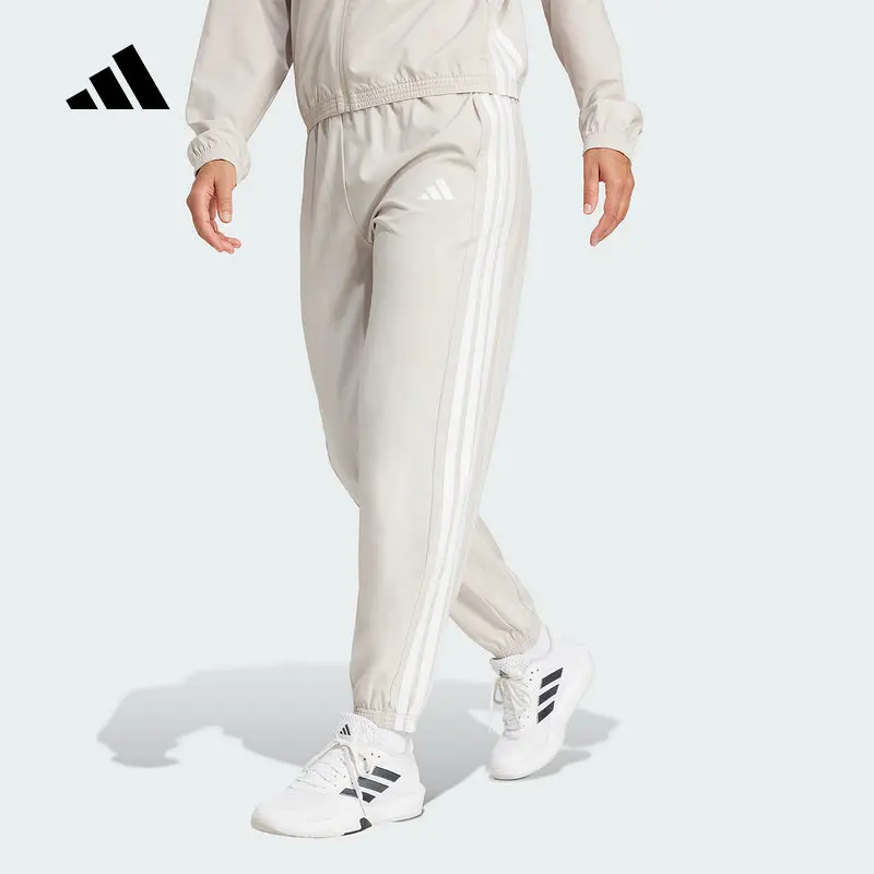 2026 Sport Adidas Womens Woven Pants JD6522 Elastic Waistband Tapered Leg Cuffed Ankle Beige White Athletic Trousers
