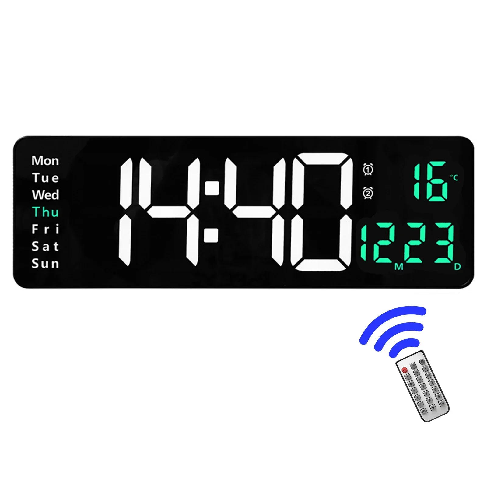 16-Inch LED Display Wall-Mounted Clock With Temperature Display Dual Alarm Clock Remote Control Temp Date Week Display