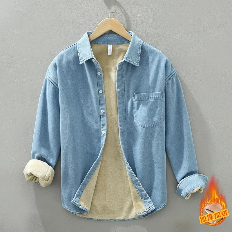 

Winter Denim Shirt Men Daily Casual Warm Top Pure Cotton Long Sleeve Jeans Shirts Fleece Liner Shirt Japan Simple Men's Clothing