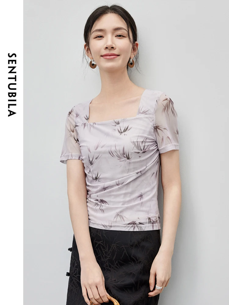 SENTUBILA Printed Square Collar Mesh T-shirt 2024 Summer New Chinese Style Elegant Short Sleeve Top Women Clothing 142T54837