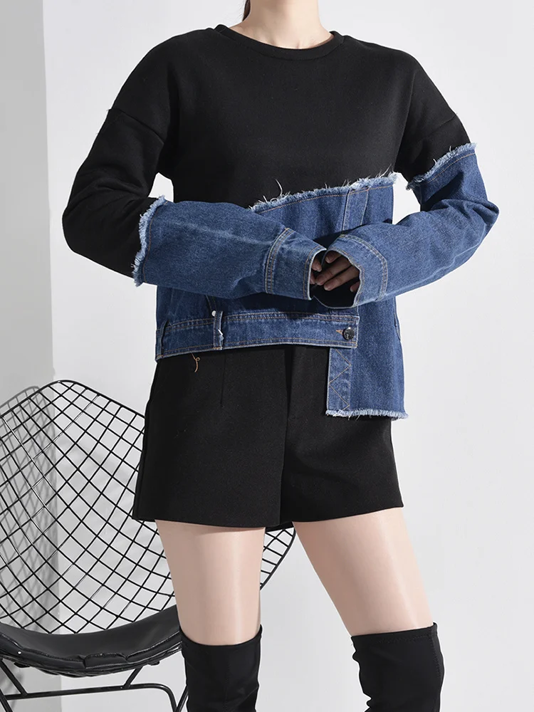 Loose Fit Denim Burr Split Asymmetrical Sweatshirt New Round Neck Long Sleeve Women Big Size Fashion Spring