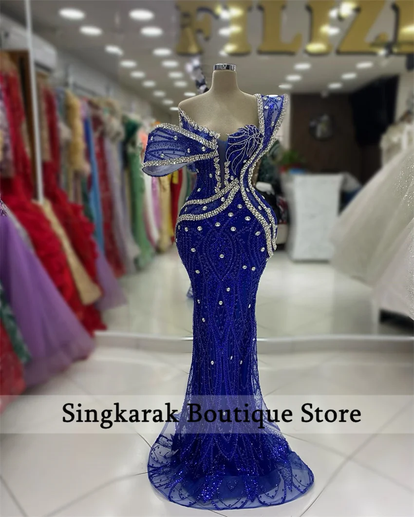 Elegante rei azul vestidos de noite longos cristais strass diamantes tapete vermelho mostrar festa de casamento vestidos de baile personalizado