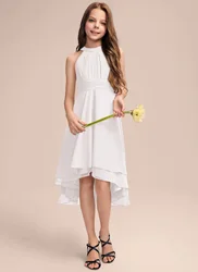 A Line Halter Asymmetrical Chiffon Junior Bridesmaid Dress With Pleated Evening Dress New Elegant Banquet Gowns