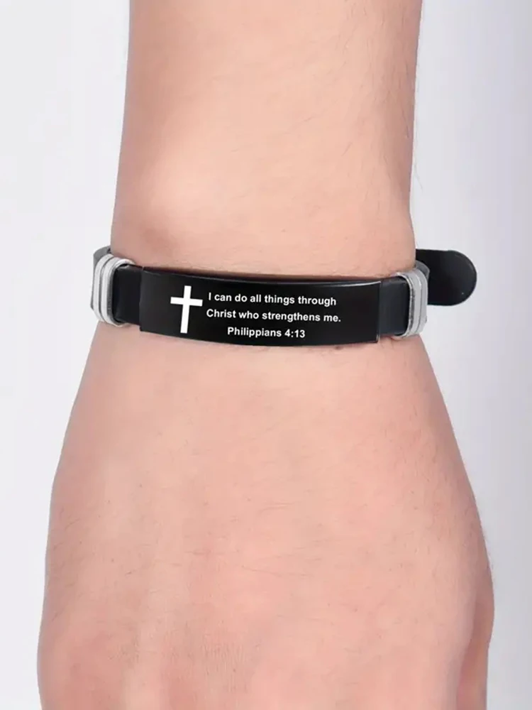 Bracelet chrétien en acier inoxydable pour hommes et femmes, verset de la Bible, croix, inspiration, foi, bijoux noirs