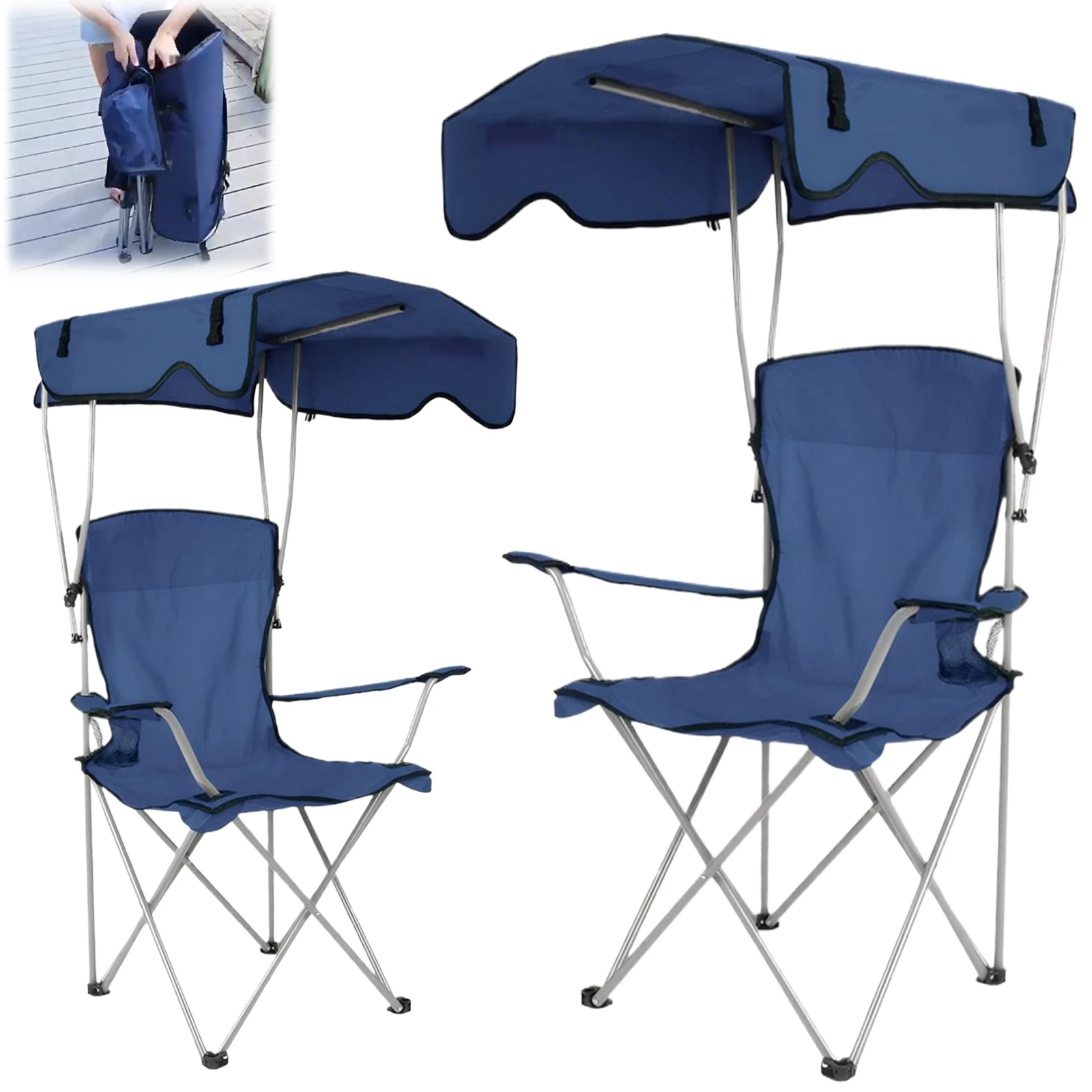 

Oversized Beach Chair with Ceiling & Cup Holder Large Camping Lawn Chair Wear Resist Portable Sunshade Chair for Poolside Travel