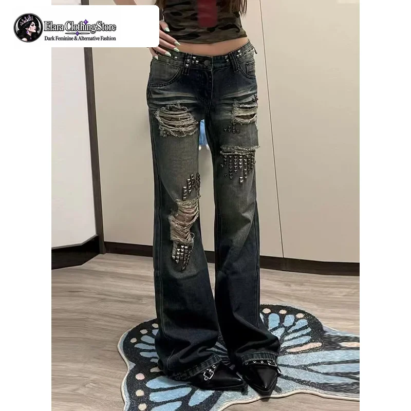 Elara Y2K American Style Studded Patchwork Distressed Jeans Women Summer Vintage Lightweight Floor-Length Flared Denim Pants