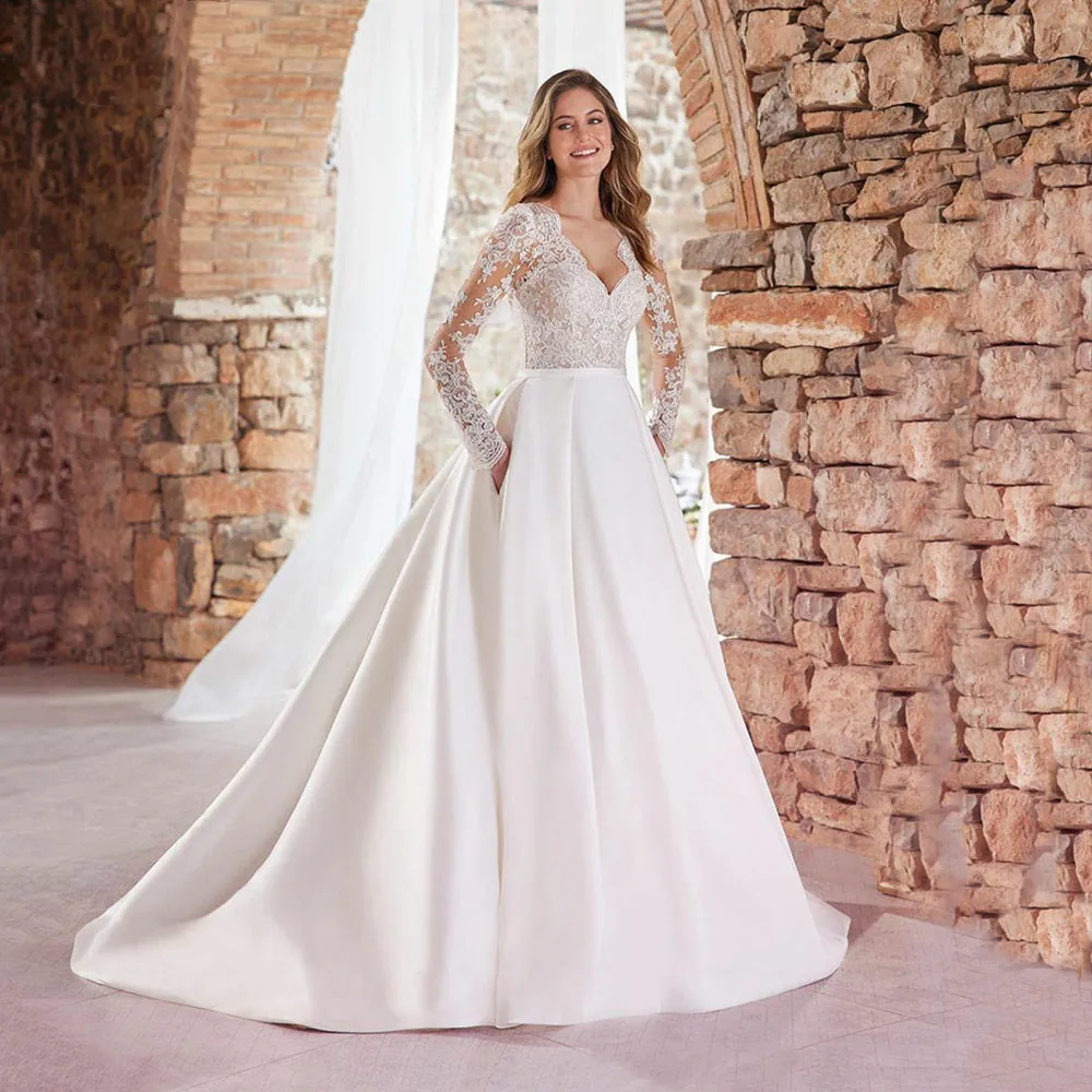 Vestidos de casamento brancos com bolsos para mulheres, vestidos de noiva, sexy decote em v, mangas compridas, apliques de renda, personalizáveis, elegantes