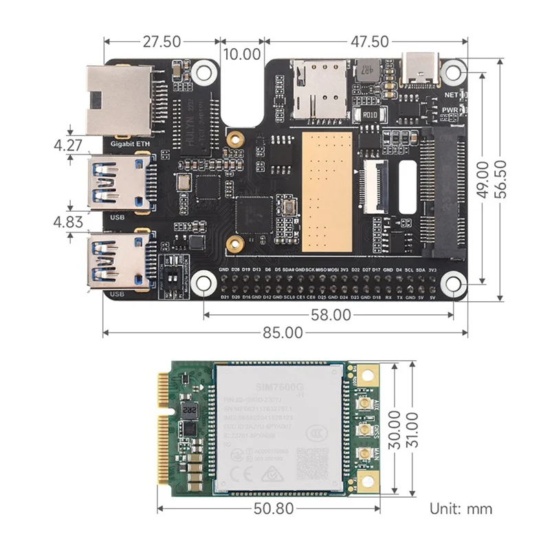 

Superb For Raspberry Pi 5 Pcle To Minipcle Gbe USB3.2 HAT+ Gigabit Ethernet+SIM7600G-H 4G Module Supports Minipcie