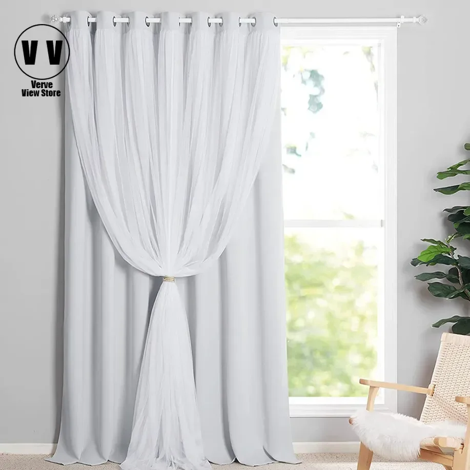 

Double Layer Greyish Sheer Blackout Curtain for Living Room Hall Sliding Door Bedroom Window Kitchen Drape 55% Shading